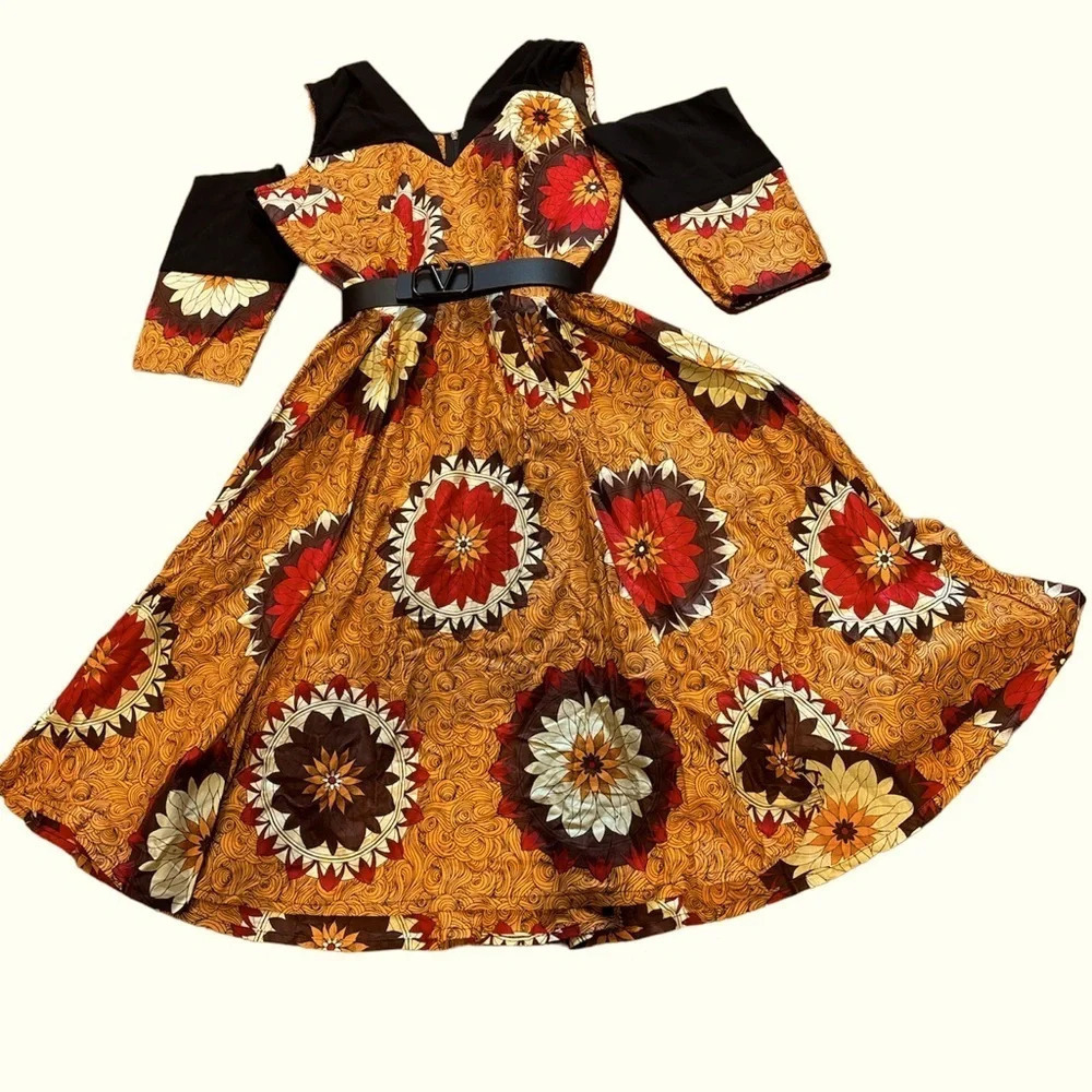 Vintage style Luxury Multicolor Ankara Midi Dress with cold  shoulder details